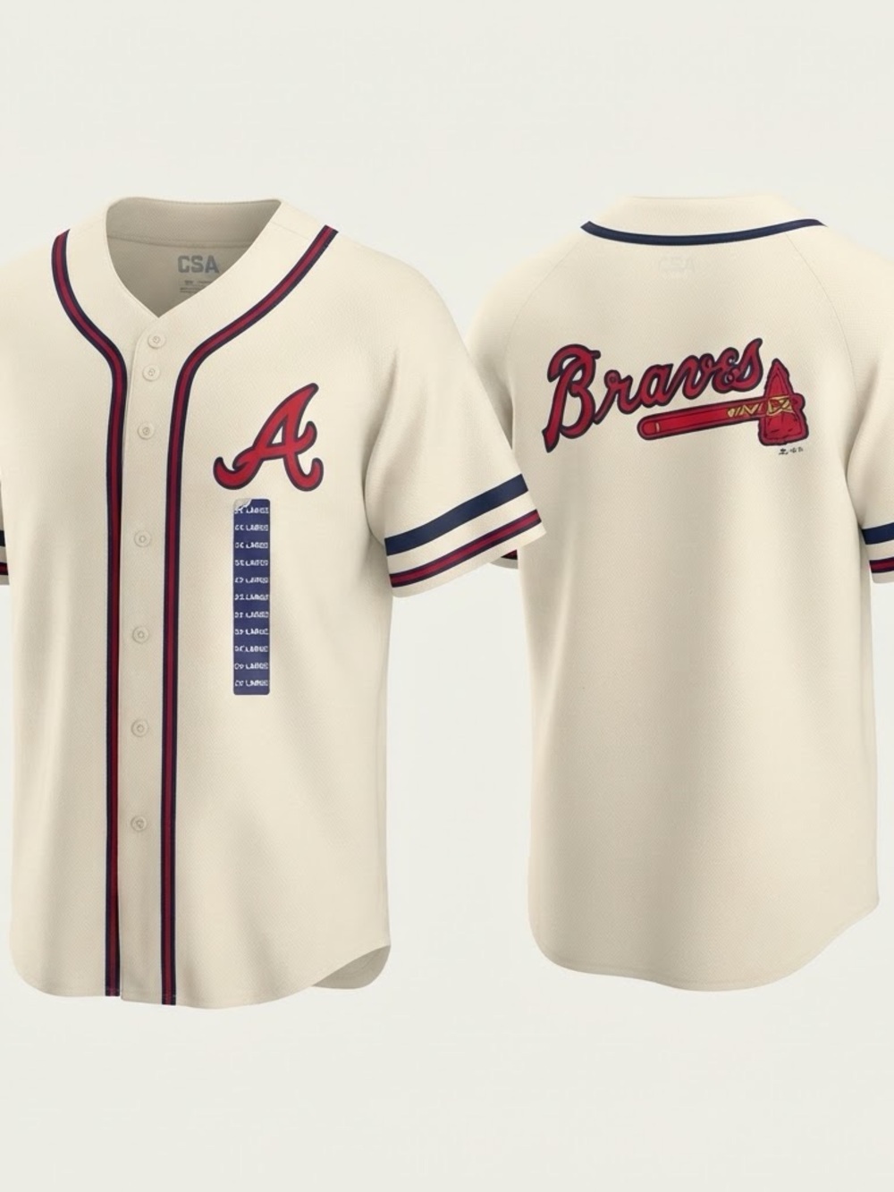 Atlanta Braves CSA Baseball Jersey Men’s 2XL Cream Button Up MLB NWT